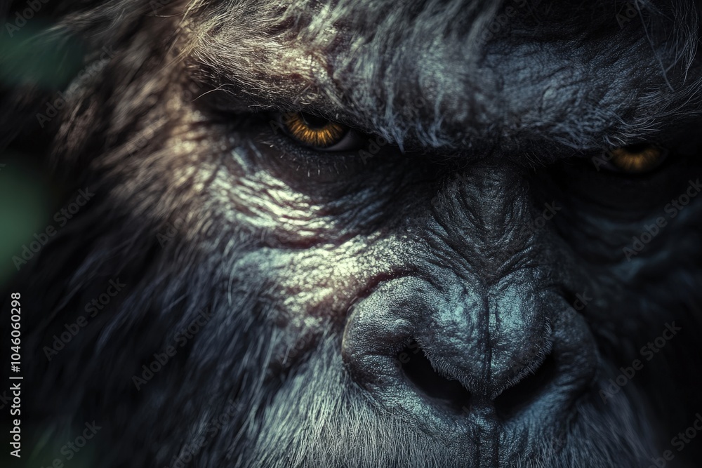 Close-up of a Dark-Haired, Glaring Ape with Yellow Eyes Close-up of a Dark-Haired, Glaring Ape with Yellow Eyes