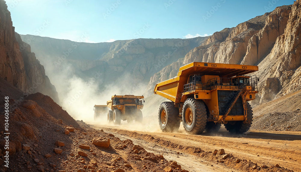 Naklejka premium A fleet of yellow mining trucks operates in an open-pit mine, highlighting heavy industrial activity.