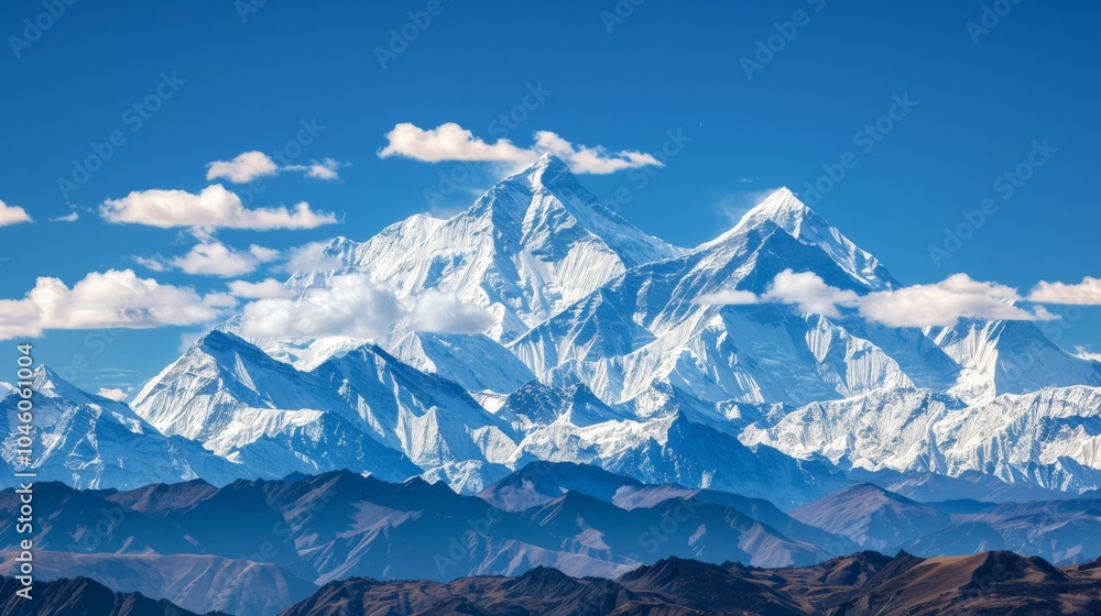 Mountain range with snow-capped peaks under a clear blue sky, highlighting natural beauty and majesty Mountain range with snow-capped peaks under a clear blue sky, highlighting natural beauty and majesty