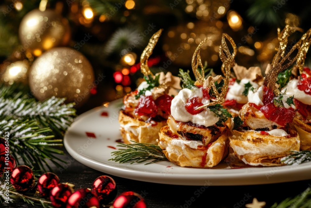 Indulge in festive delight a close-up of christmas-themed hors d'oeuvres with whipped cream and garnishes on a plate, Generative Ai Indulge in festive delight a close-up of christmas-themed hors d'oeuvres with whipped cream and garnishes on a plate, Generative Ai