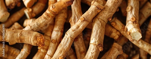 Ashwagandha roots in a close-up macro shot showing intricate details.