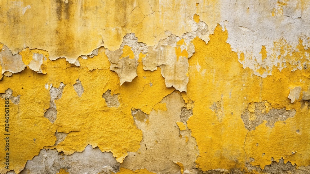 Fototapeta premium Weathered concrete wall with peeling yellow paint reflects