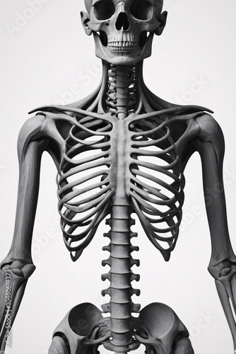 Skeleton, anatomy, bones, ribcage, skull, spine, vertebrae, thorax, pelvis, cervical vertebrae, humerus, radius, ulna, sternum, clavicle, scapula, ribs, thoracic vertebrae, lumbar vertebrae, sacrum, 