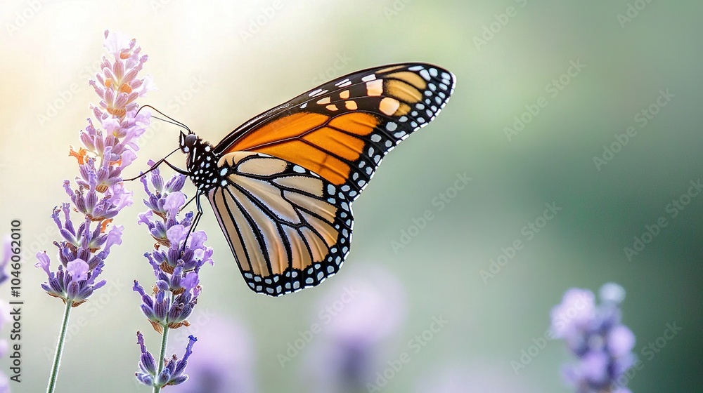 Butterfly on plant with purple flowers in foreground and blurry background Butterfly on plant with purple flowers in foreground and blurry background