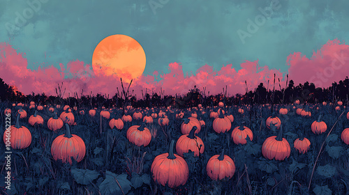 Surreal Pumpkin Patch Under a Twilight Sky