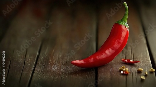  A crimson chili pepper perched atop a wooden slab beside a heap of peanuts and shells