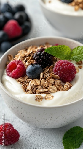 Healthy indulgence: granola topped with vibrant fruits, Greek yogurt in bowl, providing a satisfying, nutritious option for those seeking refreshing treat, ideal to enjoy as breakfast or light snack.