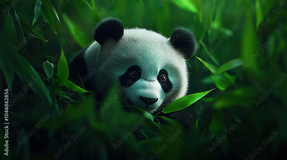 Obraz premium A panda bear sits in a green field, gazing into the distance with a melancholy expression on its face