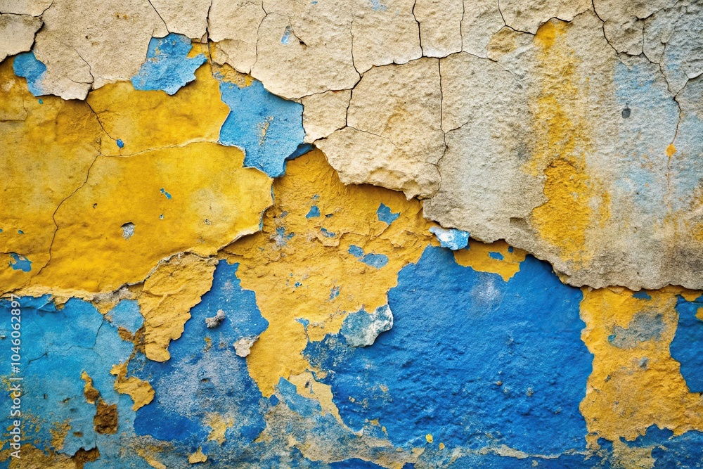 Weathered cracked stucco wall in blue and yellow colors with depth of field focus Weathered cracked stucco wall in blue and yellow colors with depth of field focus