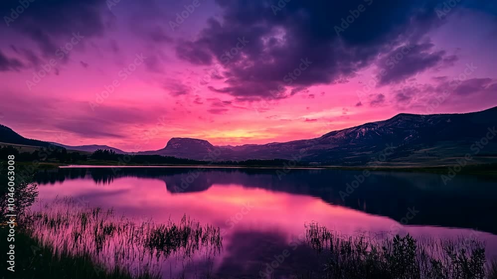 A stunning sunset over a still lake, reflected in the calm water. The sky is ablaze with pink and purple hues, creating a breathtaking scene A stunning sunset over a still lake, reflected in the calm water. The sky is ablaze with pink and purple hues, creating a breathtaking scene