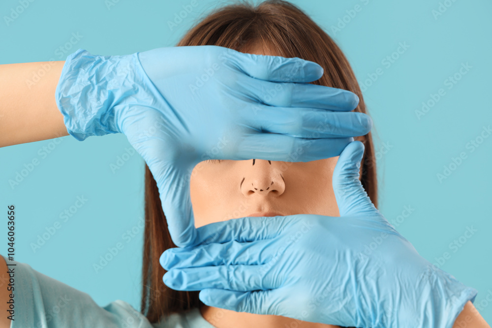 Fototapeta premium Beautiful young woman in gloves with marks on her nose against blue background. Plastic surgery concept