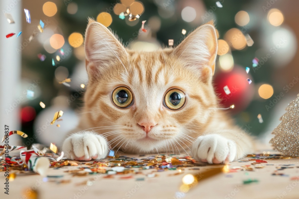 A curious yellow cat observing the festive splendor of colorful holiday decorations, Generative Ai