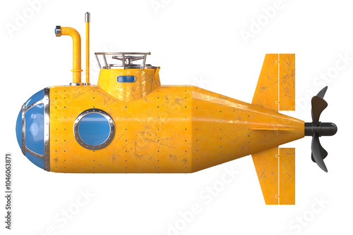 Yellow submarine with periscope isolated on white background photo