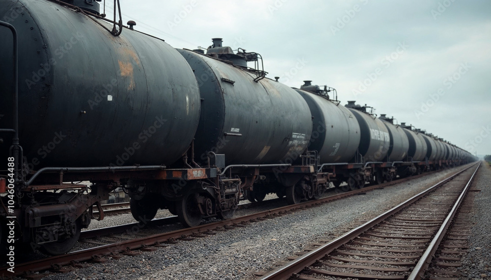 A series of black tanker cars on tracks, highlighting their industrial design and transport of petroleum.
A series of black tanker cars on tracks, highlighting their industrial design and transport of petroleum.