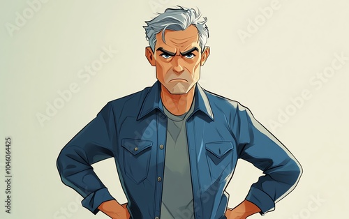 Grumpy cartoon man with grey hair and blue eyes, wearing a blue jacket and jeans, standing with hands on hips against a plain background photo