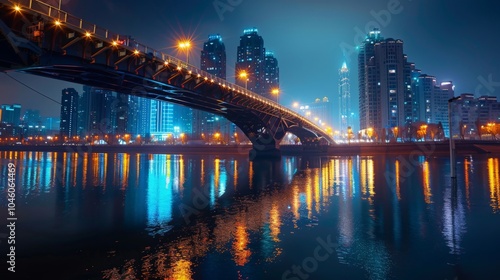 Night view of a city bridge with lights reflecting on the water, emphasizing architectural beauty