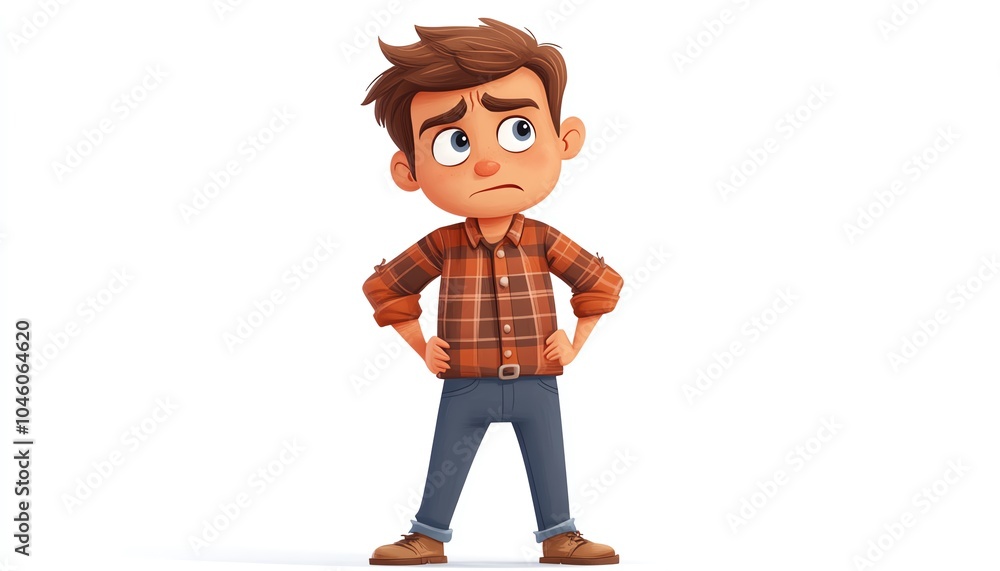 Negative emotion cartoon character in casual attire, standing with hands on hips, exuding frustration against a plain white backdrop Negative emotion cartoon character in casual attire, standing with hands on hips, exuding frustration against a plain white backdrop