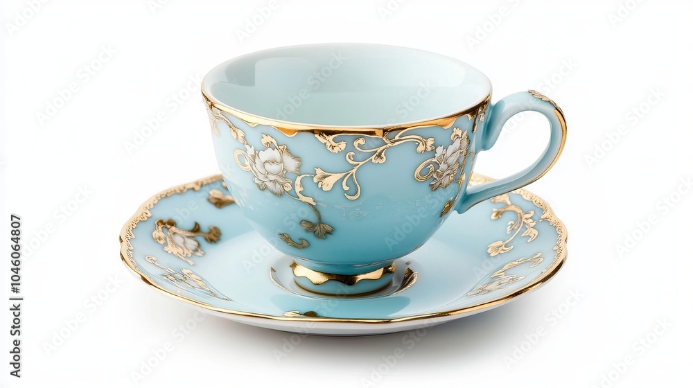 Blue tea cup paired with a matching saucer, isolated on a white background. A ceramic coffee cup or mug captured in high-quality detail Blue tea cup paired with a matching saucer, isolated on a white background. A ceramic coffee cup or mug captured in high-quality detail