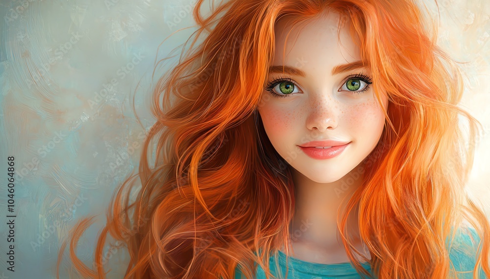 Portrait of a cute girl with long red hair, big green eyes, and a cheerful smile, dressed in a vibrant blue shirt against a soft background Portrait of a cute girl with long red hair, big green eyes, and a cheerful smile, dressed in a vibrant blue shirt against a soft background