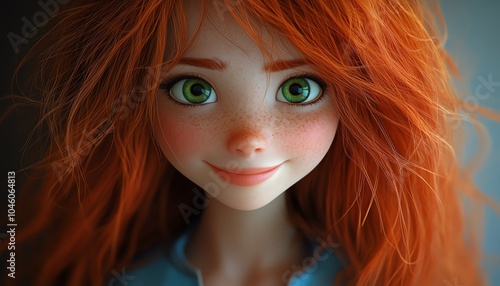 Playful depiction of a cute girl with long red hair and large green eyes, showcasing her cheerful smile in a trendy blue shirt