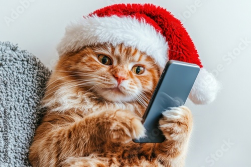 A cheerful yellow cat in a santa hat engaged with a smartphone for the holiday season, Generative Ai photo