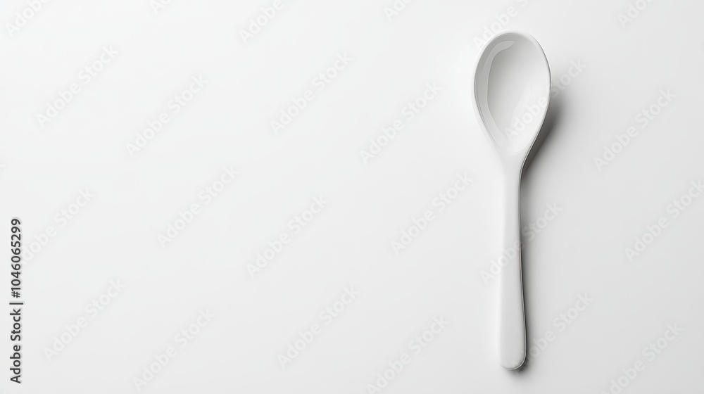 Overhead shot of a small white ceramic spoon against a white background, cutout style Overhead shot of a small white ceramic spoon against a white background, cutout style