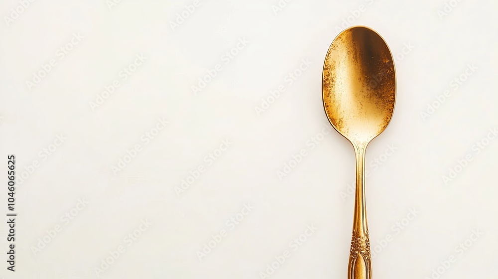 Top view of a gold spoon isolated against a white background Top view of a gold spoon isolated against a white background