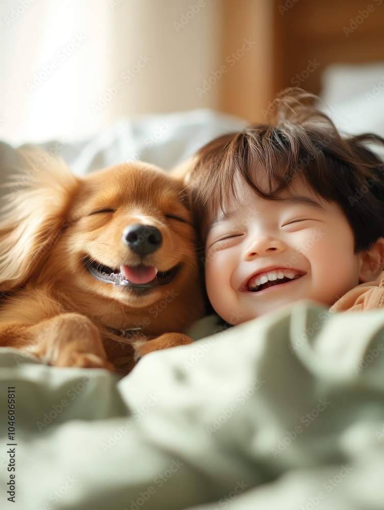 An enchanting photo capturing a beaming child and a joyful dog embracing a precious moment together, their expressions filled with sheer delight and warmth. An enchanting photo capturing a beaming child and a joyful dog embracing a precious moment together, their expressions filled with sheer delight and warmth.