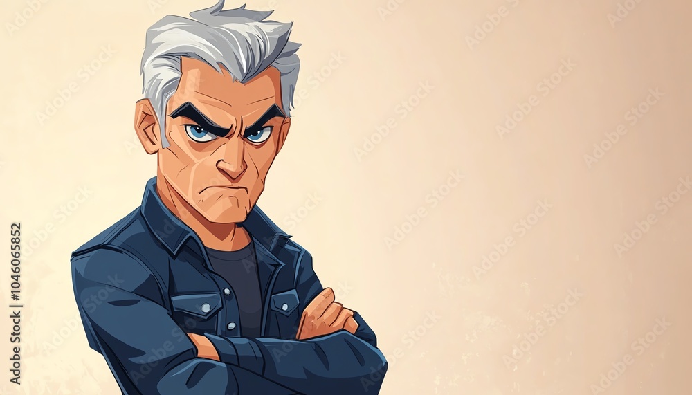 Angry cartoon character with grey hair and piercing blue eyes, in a stylish blue jacket and jeans, standing defiantly with arms crossed Angry cartoon character with grey hair and piercing blue eyes, in a stylish blue jacket and jeans, standing defiantly with arms crossed