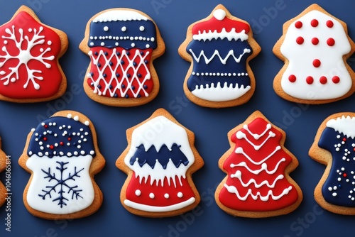 Decorated gingerbread cookies with festive designs in red, white, and blue.