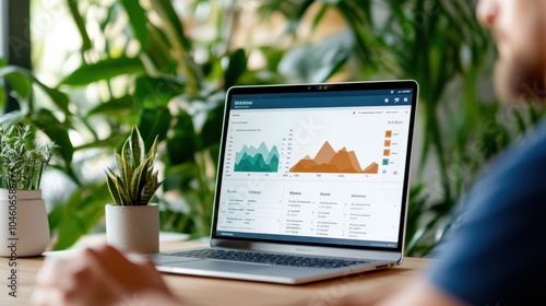 A person studies analytics on a laptop surrounded by lush greenery, representing a balance of technology and nature in a focused office setting.