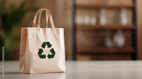 Recyclable paper shopping bag displaying a recycling emblem, highlighting the importance of sustainability, placed on a modern kitchen countertop. photo