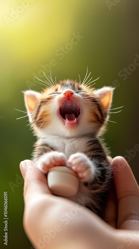 A stripped kitten with a wide-open mouth is held securely and comfortably in a pair of caring human hands, highlighting tenderness and human-animal bonding.