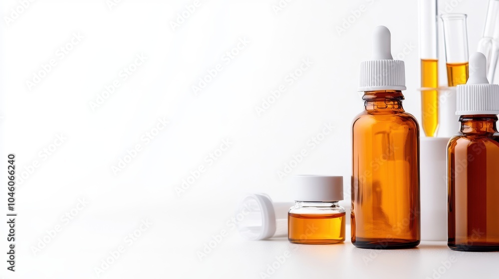 A selection of amber bottles with plastic dropper tops, resting on a pure white background, illustrating themes of purity, simplicity, and modern apothecary designs. A selection of amber bottles with plastic dropper tops, resting on a pure white background, illustrating themes of purity, simplicity, and modern apothecary designs.