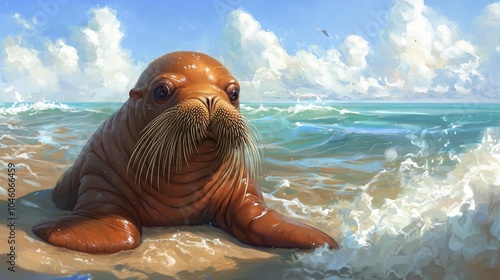 Cute Walrus on the Shore with Gentle Waves photo