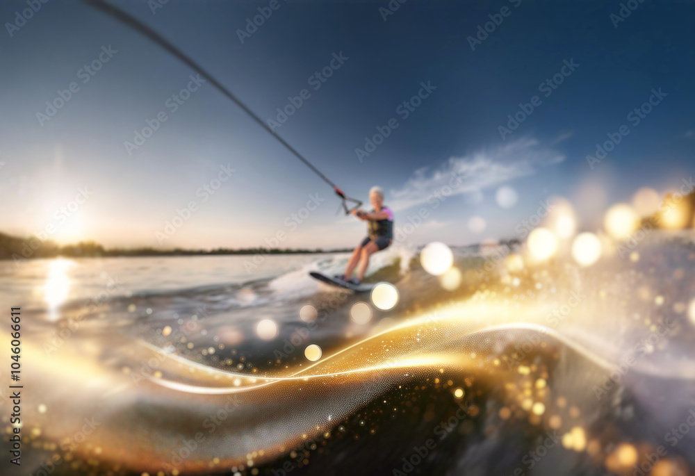 A person is wakeboarding on a lake at sunset with sparkling water and golden light. A person is wakeboarding on a lake at sunset with sparkling water and golden light.