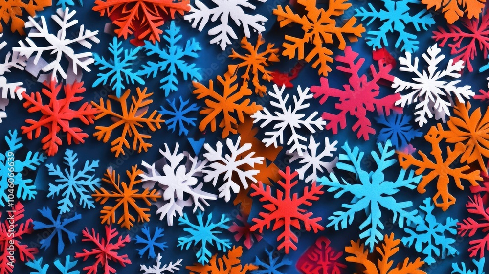 Colorful paper snowflakes overlapping on dark background, festive winter concept Colorful paper snowflakes overlapping on dark background, festive winter concept