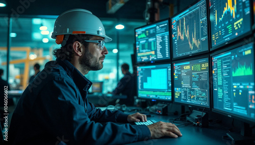 An engineer analyzes data in a high-tech control room, ensuring safety and efficiency.