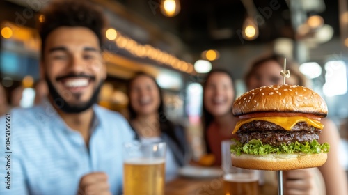 A perfectly captured cheeseburger with lettuce and beef, held in the foreground as a group of smiling friends enjoy drinks at a atmospheric restaurant background. photo