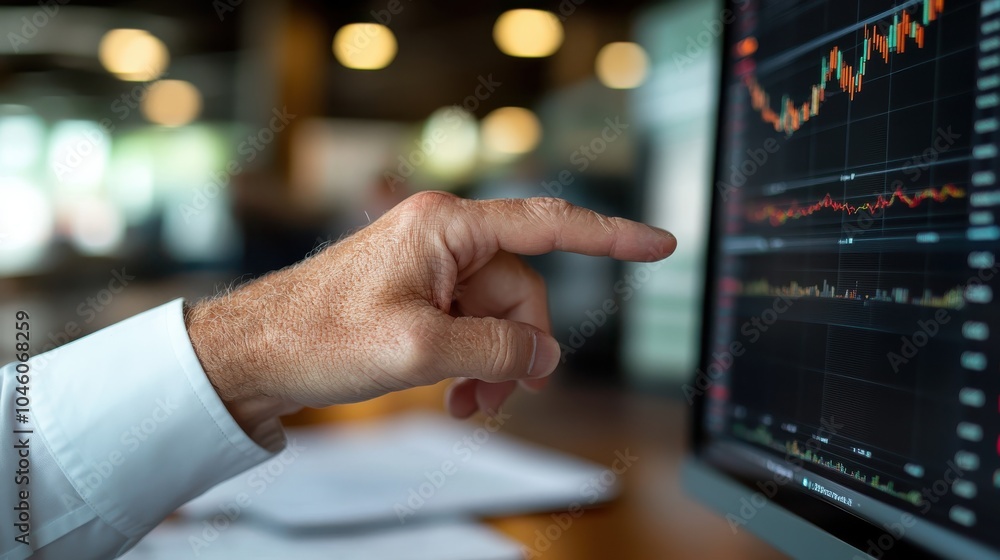 A finger is shown pointing at a stock market chart displayed on a computer screen, focusing on data points and trends essential for financial insights. A finger is shown pointing at a stock market chart displayed on a computer screen, focusing on data points and trends essential for financial insights.