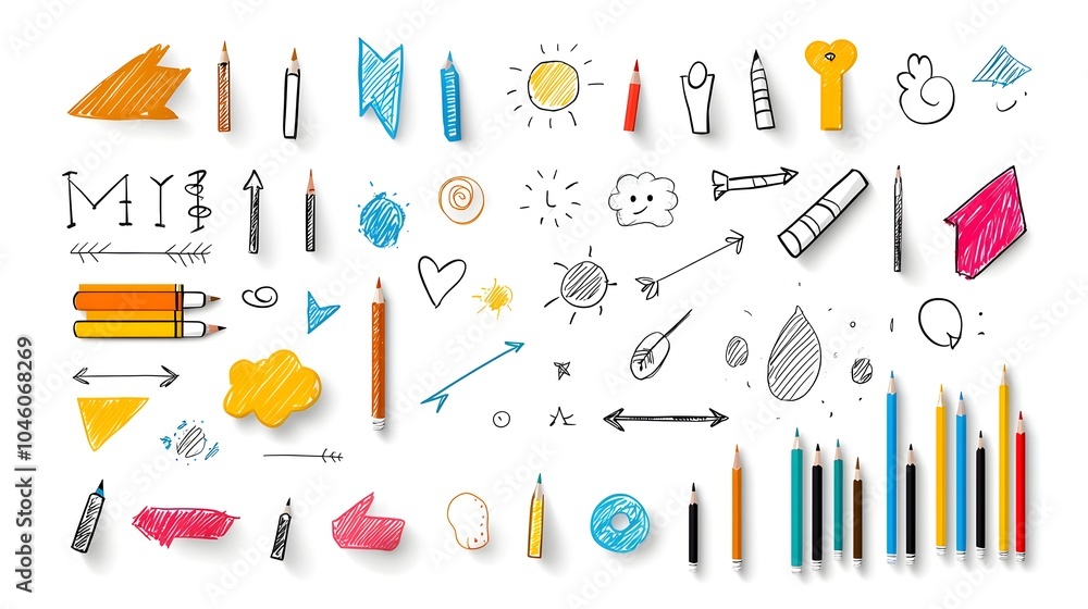 Hand drawn elements with a sketchy crayon and pencil style featuring brush strokes chalk textures and playful arrows and spirals for creative and colorful kids designs and Hand drawn elements with a sketchy crayon and pencil style featuring brush strokes chalk textures and playful arrows and spirals for creative and colorful kids designs and