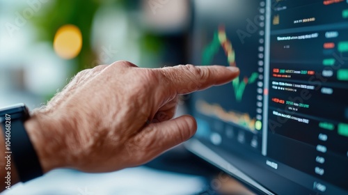 A finger taps on a screen that displays financial graphs alongside code lines, highlighting the integration of technology and data science in market analyses.