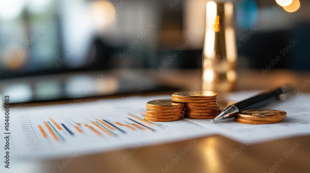 Stacks of coins rest beside detailed financial documents under warm lighting, creating an inviting atmosphere that underscores themes of wealth, trade, and prosperity. Stacks of coins rest beside detailed financial documents under warm lighting, creating an inviting atmosphere that underscores themes of wealth, trade, and prosperity.