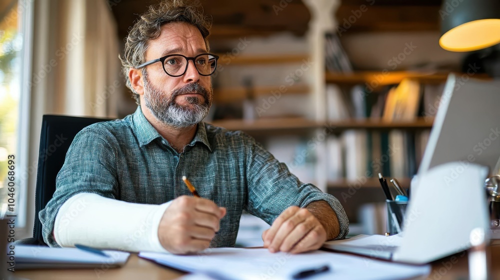 Obraz premium A man with an arm cast focuses intently on his work at a home office desk, illustrating determination and adaptability in a modern, light-filled workspace.