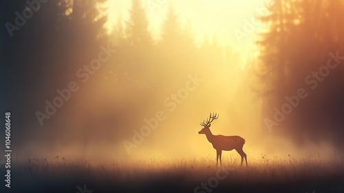  A deer stands amidst fog in a wooded field, surrounded by trees