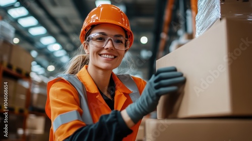 A focused warehouse worker in bright orange safety gear is managing a large cardboard box, symbolizing professionalism and the essentiality of a safe work environment. photo