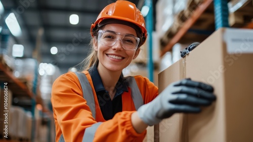 A cheerful worker donned in orange safety gear, including gloves and a helmet, stacks boxes with efficiency and attention, ensuring competent warehouse logistics. photo