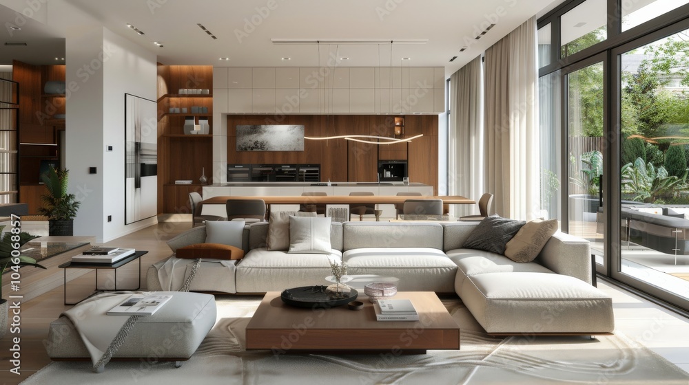 Fototapeta premium Open-plan living room with a seamless transition to the kitchen, emphasizing spaciousness and modern design