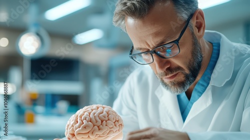 A neuroscientist in a lab setting, closely examining a brain model with precise focus and attention to detail, reflecting scientific research and intellectual pursuit. photo