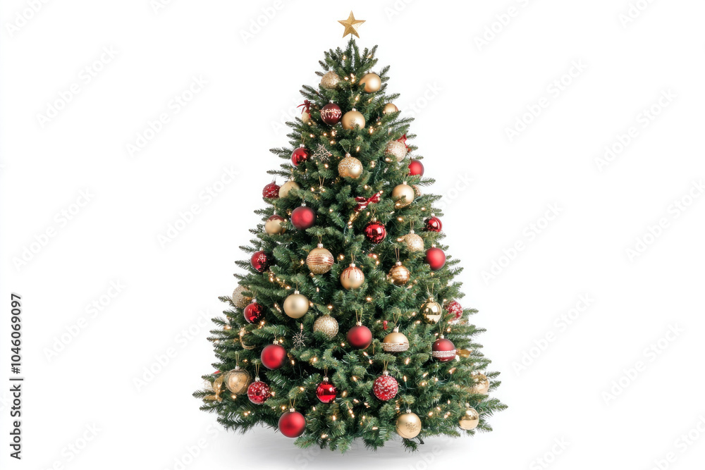 Fototapeta premium A Christmas tree adorned with red and gold ornaments, gleaming with festive lights in a cozy living room setting.
